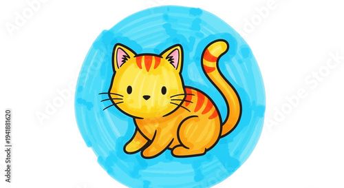 A cartoon orange cat sitting on a blue background