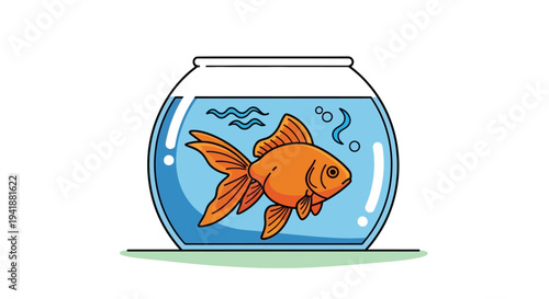 A cartoon goldfish swimming in a clear fishbowl on a green surface