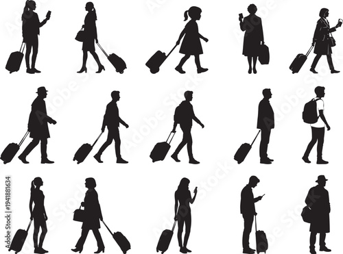 Airport Travelers Walking With Luggage Silhouette