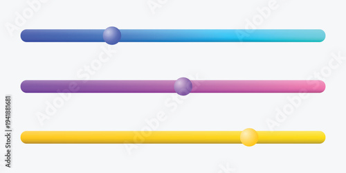 A colorful graphic design featuring three horizontal gradient bars with spheres