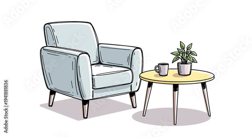A cozy armchair and coffee table with a plant