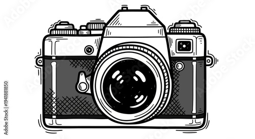 A black and white illustration of a vintage camera