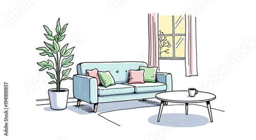 A cozy living room with a blue couch and a plant