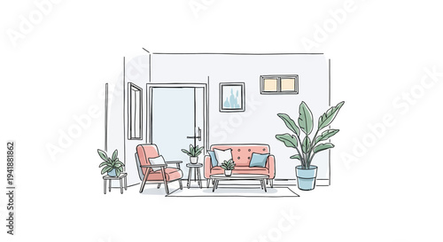 A cozy living room with a pink couch and chair