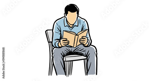 A man sits in a chair reading a book