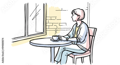 A woman sits alone at a small table by a window with a cup of coffee