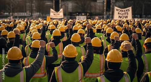 Construction Workers Protest with Signs and Helmets.