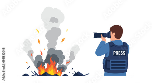 A photojournalist in a blue helmet and PRESS vest photographs a large, fiery explosion with thick gray smoke.