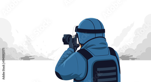 A photojournalist in a blue helmet, tactical vest, and goggles photographs a distant, hazy battlefield with tanks.
