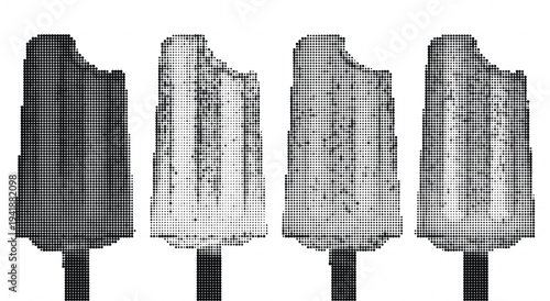 Set of four partially eaten ice lollies with different shades on sticks arranged in row on white background