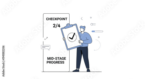 Vector illustration of man holding clipboard with checklist, mid-stage progress concept