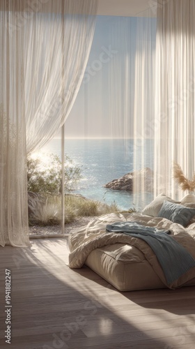 Serene Seaside Sanctuary: A tranquil bedroom scene with a breathtaking view of the ocean, where sunlight streams through sheer curtains, casting a soft glow.