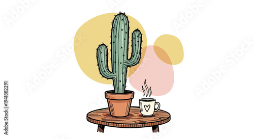 A cartoon cactus in a pot on a wooden table with a steaming cup of coffee