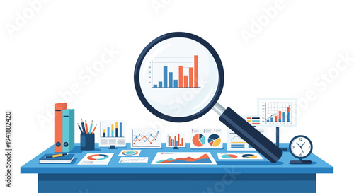 A large magnifying glass is prominently positioned over a blue desk covered with various business documents, charts, books, and a small clock.