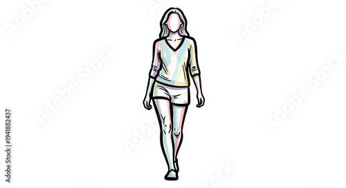 A woman walking alone in a simple outfit