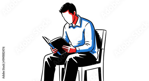 A man sits on a chair reading a book intently