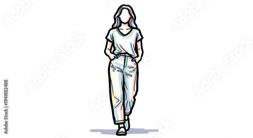 A cartoon woman walking confidently in casual clothing