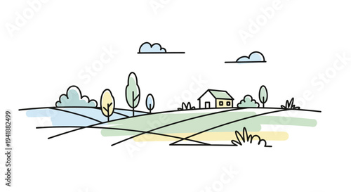 A simple house on a green hill with trees and clouds