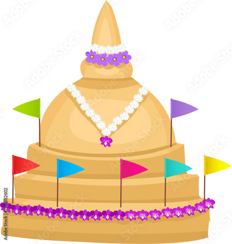 Festive Sand Pagoda with Colorful Flags and Garland Element
