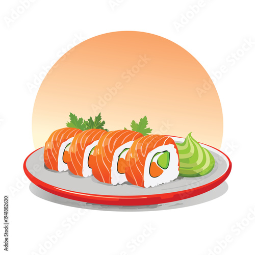 Sushi rolls with wasabi and greens on a plate