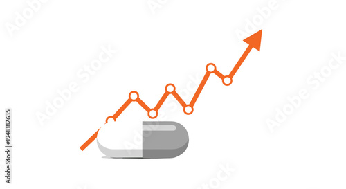 A two-toned white and gray capsule pill lies horizontally beneath a vibrant orange line graph that steadily ascends with an upward arrow.
