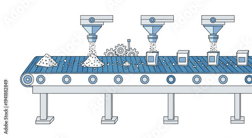 A blue conveyor belt system features three overhead hoppers dispensing granular material into four small bags, with visible gears in the center.
