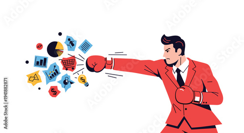 A determined businessman in a red suit and red boxing gloves aggressively punches a swirling cloud of diverse business-related icons.