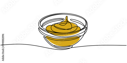 continuous one line drawing Vector illustration of a glass bowl with yellow mustard