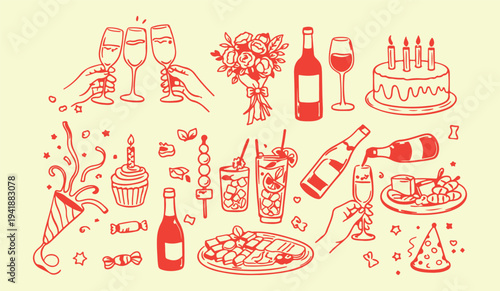 Hand Drawn Party Celebration Doodle Set with Wine Glass Toast, Birthday Cake, Cocktail Drinks, Food and Festive Elements Vector Illustration