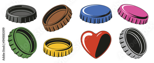Colorful Bottle Caps Set Vector Illustration, Collection of Metal Drink Cap Elements Isolated on White Background, Soda and Beer Packaging Design Symbols, Beverage Branding Icons for Graphic Design