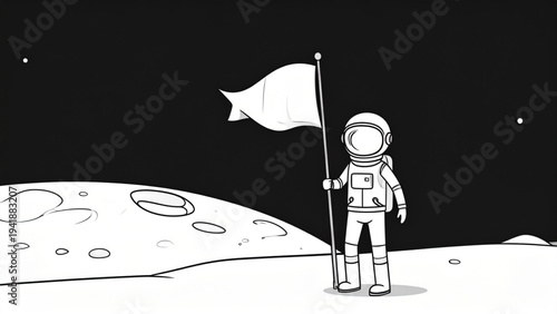 Minimalist Cartoon Astronaut Standing on Moon Holding Flag Line Drawing