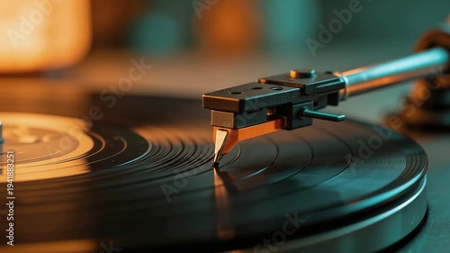 Close up of vintage vinyl record playing on a classic turntable in warm ambient light