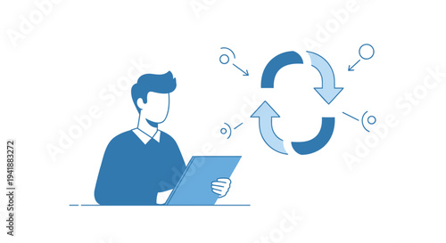 Vector illustration of man with laptop and data exchange icons