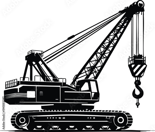 Heavy duty crawler crane illustration industrial construction equipment with hook and boom isolated on white background for engineering projects