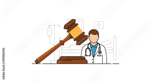 A brown wooden gavel and its block are placed in the foreground, positioned before a male doctor with a stethoscope in a hospital setting.