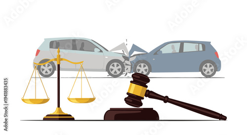 Golden scales of justice and a wooden gavel are positioned in front of two light-colored, outline-style cars depicted in a collision.