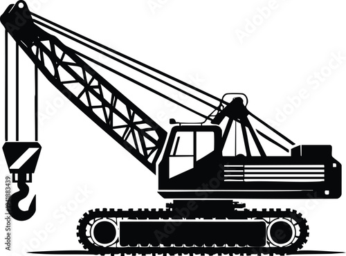 Black silhouette of a crawler crane a heavy construction machine with a long boom and hook isolated isolated on white background for industrial use