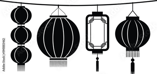 Traditional Chinese lanterns hanging in festive arrangement with tassels and intricate patterns, symbolizing prosperity, cultural heritage, and Lunar New Year celebration atmosphere