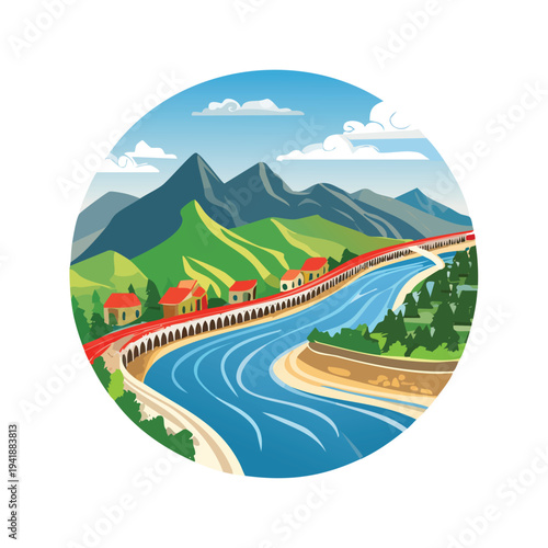 Scenic illustration of a bridge over a river in a mountainous landscape