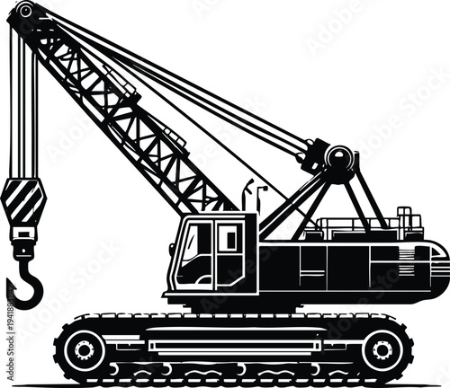 Black and white illustration of a crawler crane heavy construction machinery for lifting and building isolated on white background