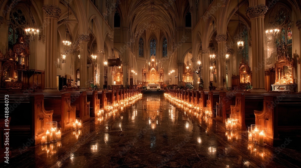 Fototapeta premium Interior of a Catholic church aisle with a long central aisle, wooden pews, stained glass windows, and warm sunlight streaming in, creating a serene atmosphere.