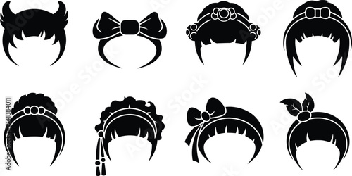 A set of vector line art silhouettes of various female hairstyles and headbands in black