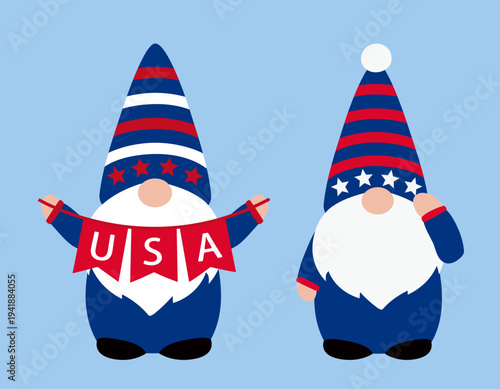 Fourth of July gnome characters clipart.
Patriotic USA gnome vector illustration set.
American Independence Day gnome cartoon. svg.