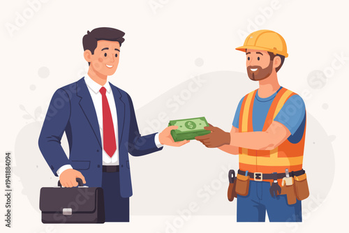 Businessman in Suit Handing Stack of Cash to Construction Worker in Hard Hat and Safety Vest, Flat Vector Illustration of Payment, Salary, Bribery, Corruption, or Financial Transaction Concept.