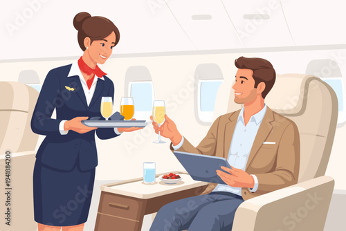 Flat vector illustration of a professional flight attendant in a navy uniform serving drinks to a male passenger in a luxury first-class airplane cabin, featuring comfortable seating and travel.