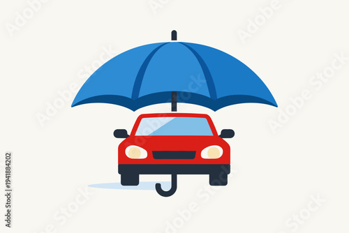 Car Insurance Concept Vector Illustration Featuring a Red Sedan Protected Under a Large Blue Umbrella Symbolizing Safety, Security, Vehicle Coverage, and Financial Protection for Drivers