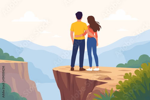 Vector illustration of a young couple, a man and a woman, standing together at the edge of a high mountain cliff or abyss, looking out at a beautiful landscape with blue hills and white clouds.