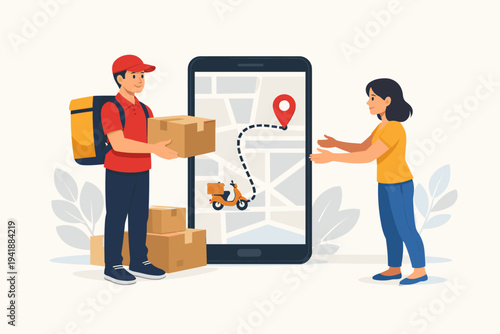 Professional courier delivering a cardboard box parcel to a female customer with a large smartphone showing an online tracking map and scooter route in the background, e-commerce logistics concept