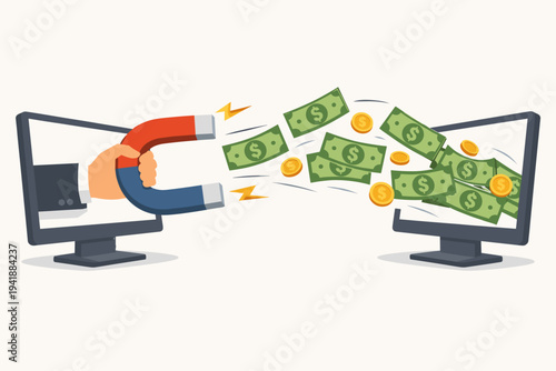 Vector illustration of a hand with a magnet attracting money dollar banknotes and coins from another computer screen. Concept of online profit, digital marketing, lead generation, and earning.