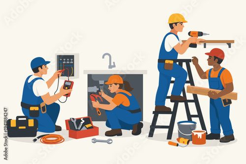 Vector Illustration of a Professional Repairmen Team Working Together on Home Maintenance Tasks Including Electrical Work, Plumbing, Carpentry, and Painting Services in a Flat Design Style.